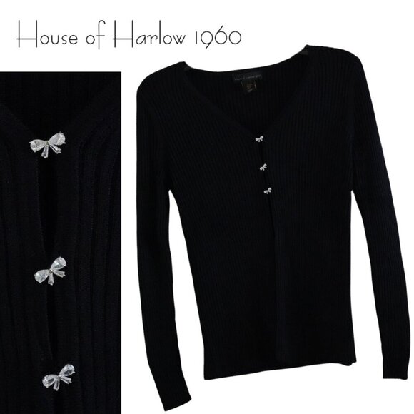 House of Harlow 1960, Rhinestone Bow Buttons Ribbed Cardigan Sweater, Black - Picture 1 of 7